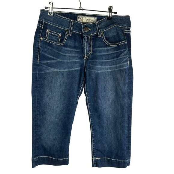 Y2K BKE Buckle Capri Denim Jeans Women 28 Blue Cropped Bling Pocket Stretch - Picture 1 of 10